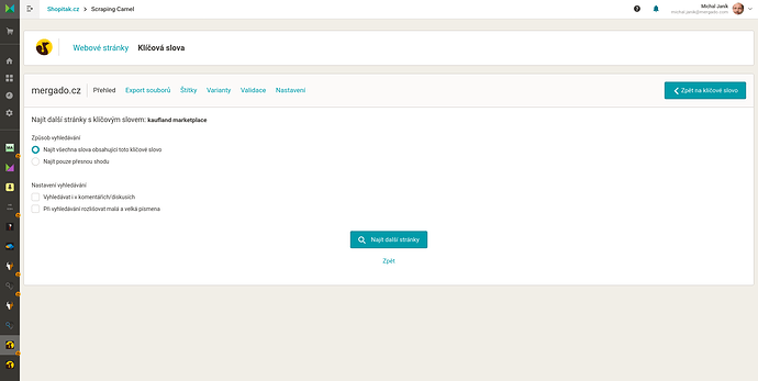 Nastavení vyhledávání dalších stránek s daným klíčovým slovem