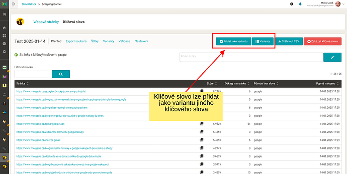 Nově můžete spravovat varianty klíčových slov