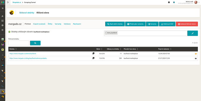 Vyhledávání dalších stránek s daným klíčovým slovem je pod novým odkazem nahoře
