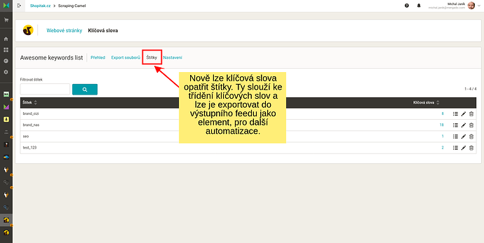 Nově lze klíčová slova filtrovat dle stáří, od kdy na webu jsou