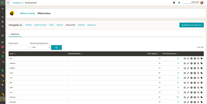 Nová stránka Diagnostika v agendě Klíčová slova