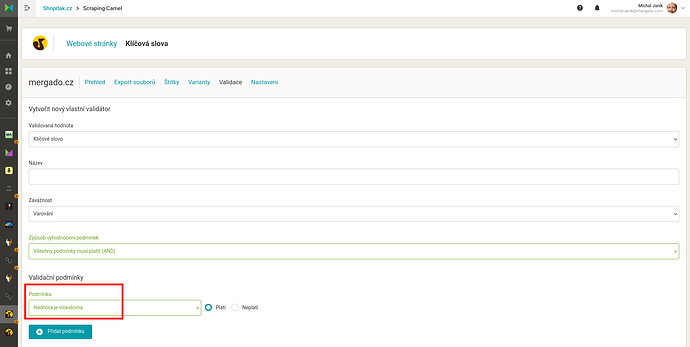 Nový typ podmínky validace/výběrů klíčových slov