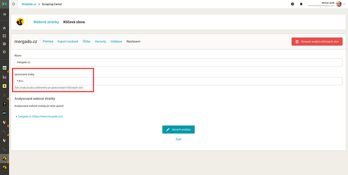 Z analýzy klíčových slov lze nově ručně vyřadit znaky