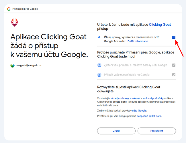 souhlas s přístupem google