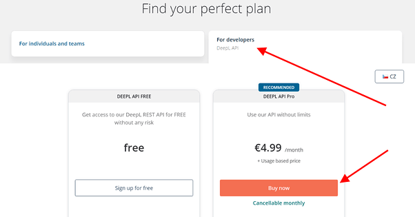 DeepL založení API Pro developer účtu