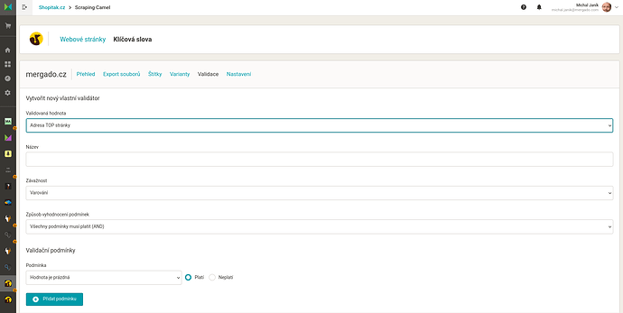 Validace nově filtruje i podle URL TOP stránky