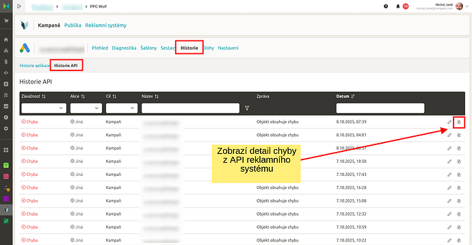 Historie komunikace s API Google Ads či Skliku