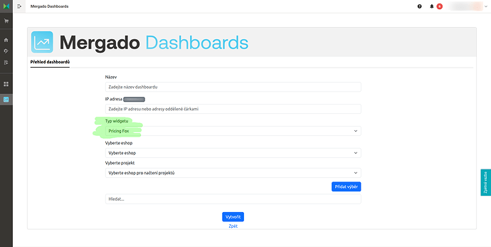 Nové typy dashboardů nastavíte zde