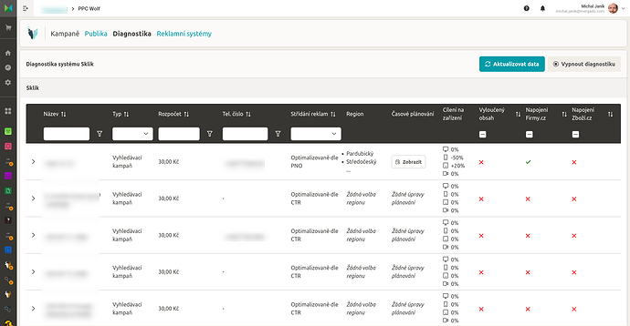Náhled diagnostiky Skliku v PPC Wolfovi