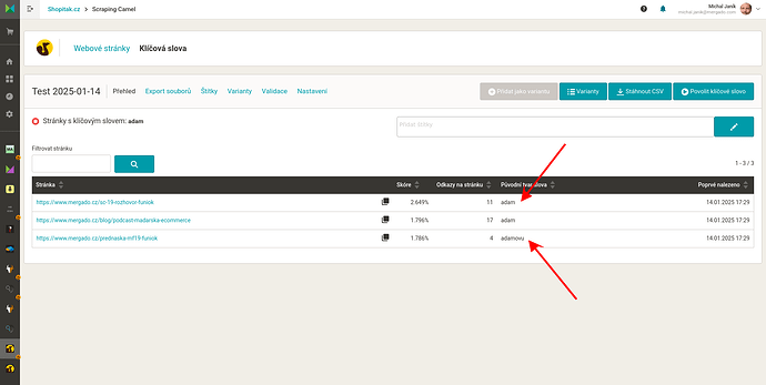 Příklad variant klíčových slov